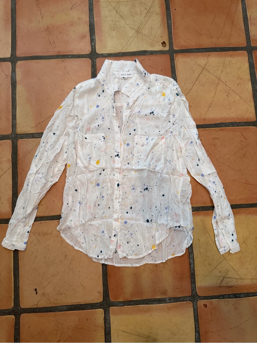 Bella Dahl White Button-Down Shirt with Multicolor Paint Splatter